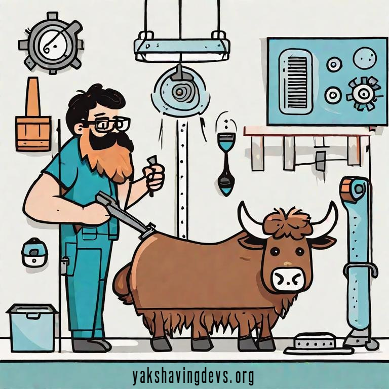 A computer geek trimming hair off of a yak's body